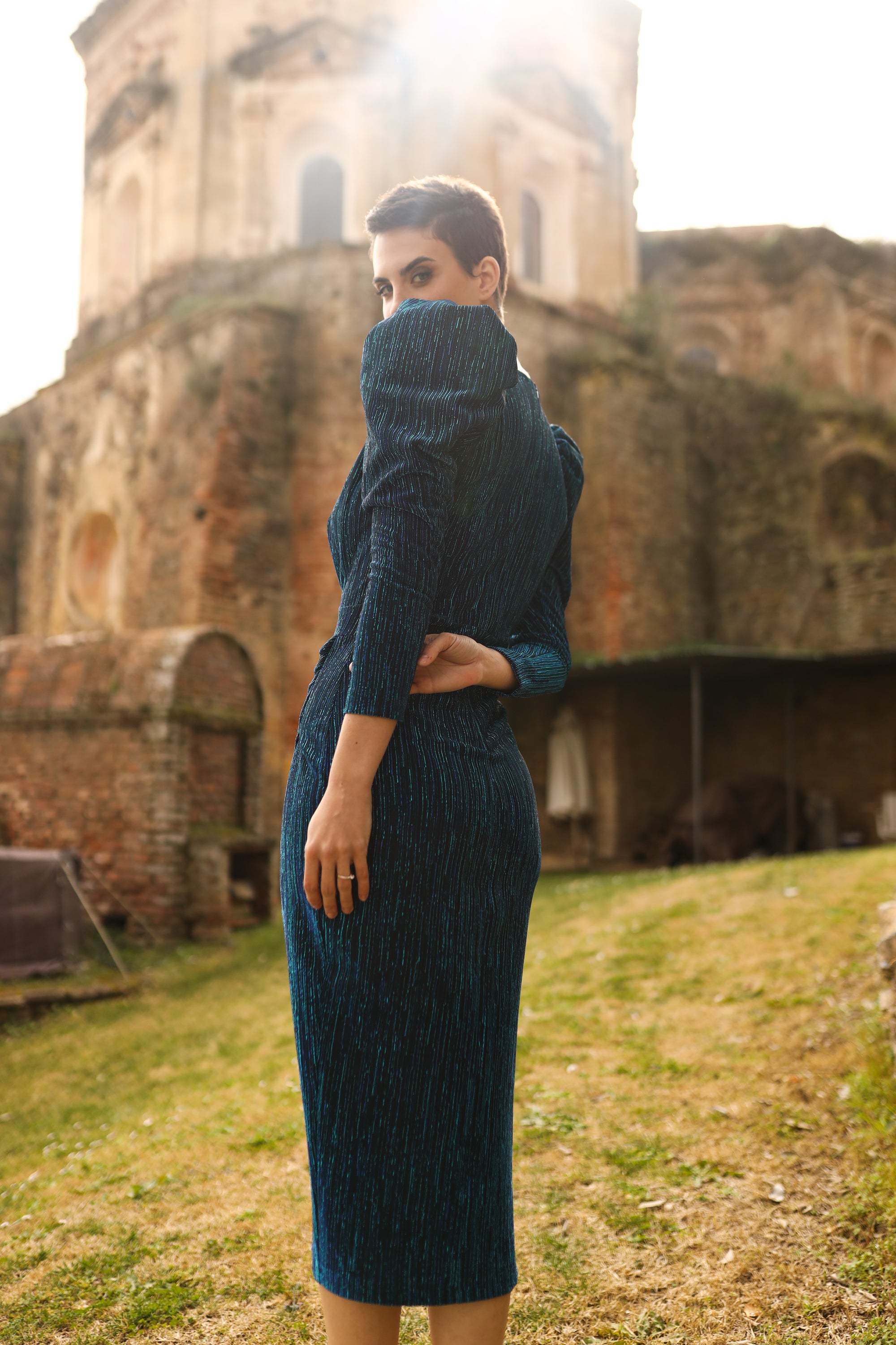 blue lurex dress Goddiva Plunge Neck Wrap Front Split Lurex Maxi Dress